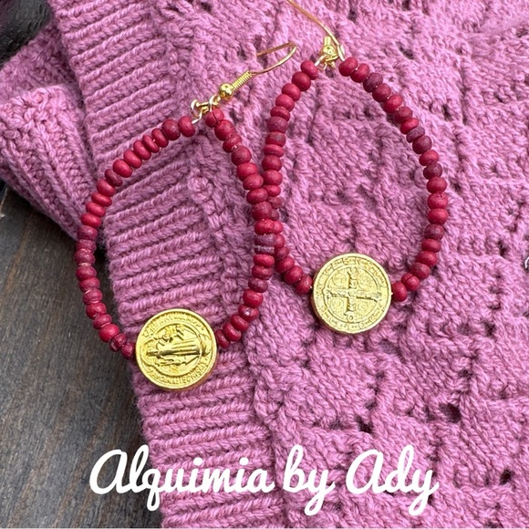 Alquimia Jewelry - Red matte cherry vibes Gold Saint Benedict beaded long hoops